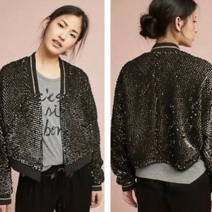Anthropologie ett:twa Elora Sequin Teddy Bomber Jacket Black Gold Medium
